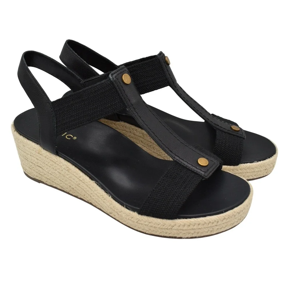 Vionic Women Size 11 Calera Black Leather Stretch Espadrille Wedge Sandals Shoes